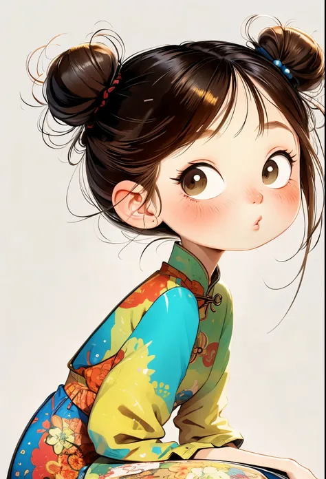 (masterpiece, best quality:1.2), watercolor painting，cartoonish character design。1 girl holding a cat, alone，big eyes，Cute expression，Two hair buns，cheongsam，portrait，interesting，interesting，clean lines，Leave blank，
