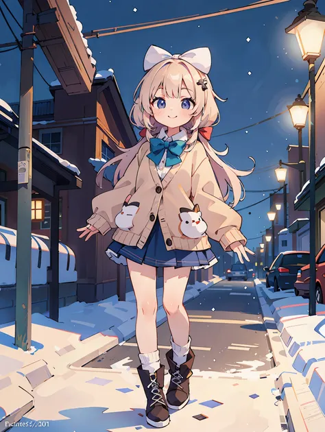 (masterpiece:1.2), best quality, highres, original, (extremely detailed:1.2), ultra-detailed, wallpaper, perfect lighting,(extremely detailed CG:1.2), 8k, anime illustration, 1girl, solo, smiling, (winter outfit:1.2), standing on the street, (knit cardigan...