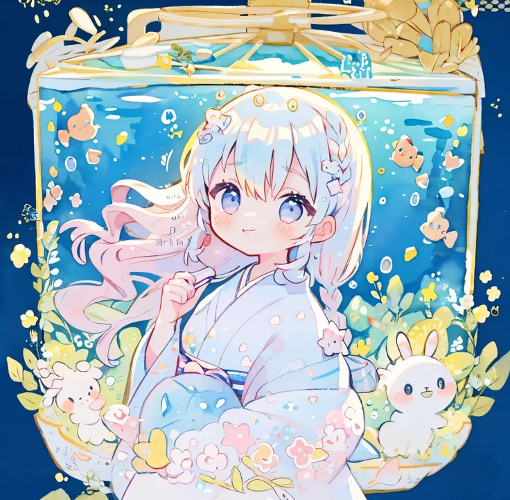 (PastelColors:1.5)、(Cute illustration:1.5)、(watercolor paiting:1.2)、(1 girl:1.0)、hair between eye、Blue background、Lots of Fish、Watching fish、Fluttering clothes,Lots of flutter、 Good Style、Glitter in the heart、White motif, Light dark blue hair、Cute, Head fl...