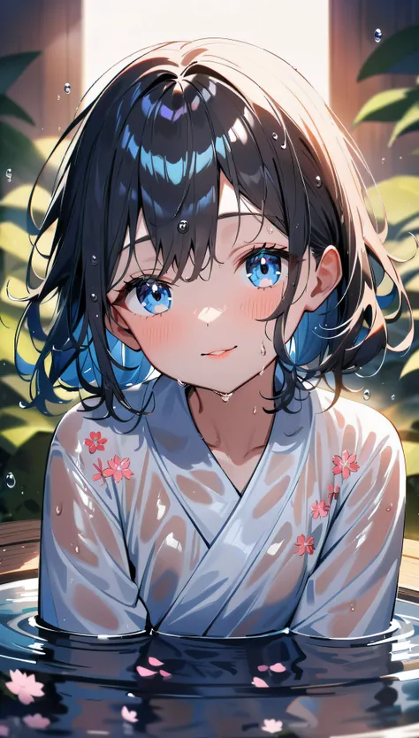 (best quality, highres,ultra-detailed, Pixiv competition winner:1.37),1 girl, full body,  (7 years old girl:1.2), beautiful detailed eyes,beautiful detailed lips,(wet, wet body, wet hair, wet skin, very wet kimono, reflection on the wet kimono, delicate ch...