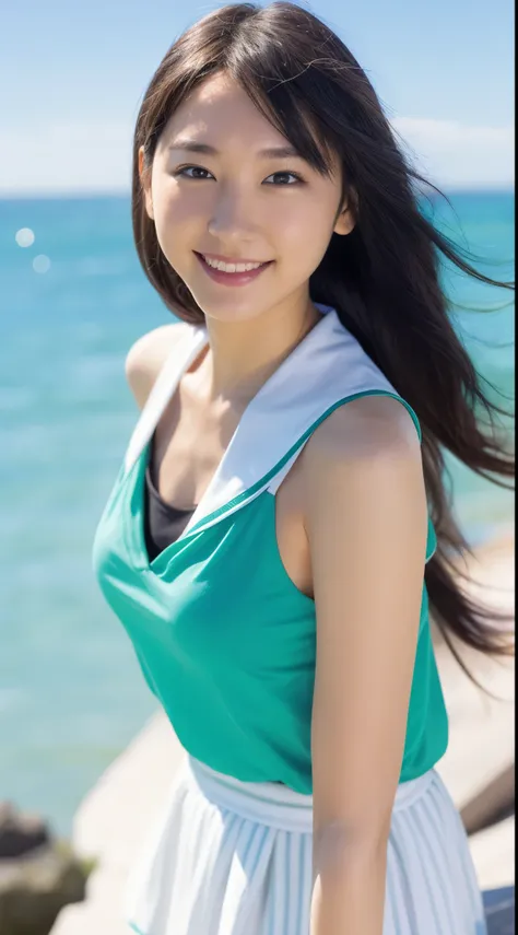 "create a portrait of a cute high school girl。she is smiling brightly at the camera、the blue sea and sky spread out in the backg...