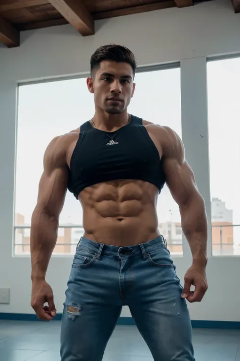 Hombre arrogante con jeans posando para una foto, Fitness model, Adecuado, foto adecuada, hombre en forma, sporty physique, cuerpo en forma, forma tonificada, en un gimnasio, deportes bien, bien tonificado, trabajando afuera, aptitud fisica.  
