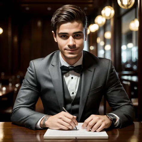 Portrait of A confident-looking Spanish man, 25 years old sitting in a park, with vest jacket, no accessories in hand, hazel eyes, smooth face, short hairstyle same as zac efron, cute smile on face, square jaw, dark hair, perfect composition, park backgrou...