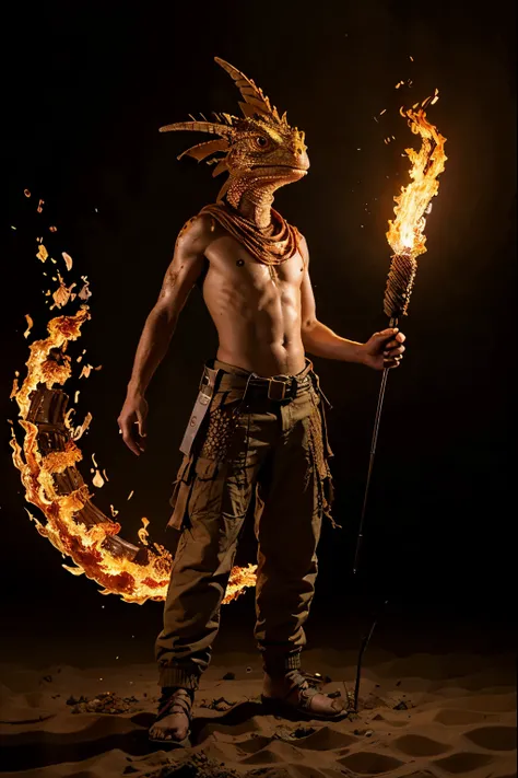 there is a humanoid fire lizard with desert clothes in front of a spirit made of fire while holding a magical staff 