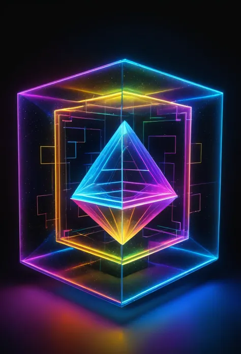 holography, draw in neon colors ((巨大なgeometryオブジェクト)): geometry: ((floating)), transparent, three dimensional, light, sf, digita...