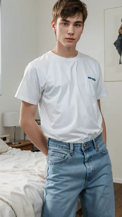 a white 20 years old man wearing a white shirt and a jean in his bedroom, short hair