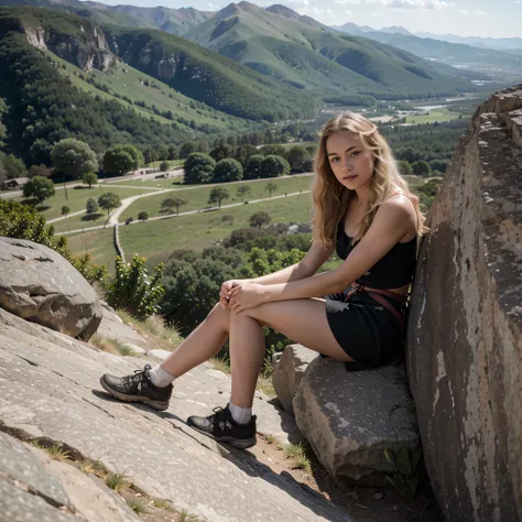 A Victorian girl, blonde wavy hair, rock climbing, mountain view, fixed, proper