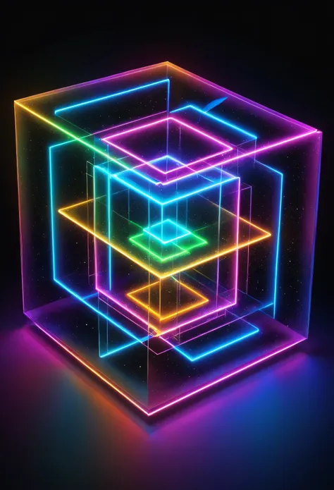 holography, draw in neon colors ((巨大なgeometryオブジェクト)): geometry: ((floating)), transparent, three dimensional, light, sf, digita...