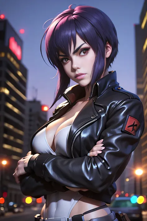 motoko kusanagi,  estilo anime beautiful woman, thin, skinny, medium breasts, Thin waist, (masterpiece, best quality:1.2), cowboy shot, only, 1 female, No expression, closed mouth, looking at the viewer, crossed arms, Jacket, Leotardo, thigh jump, gloves, ...