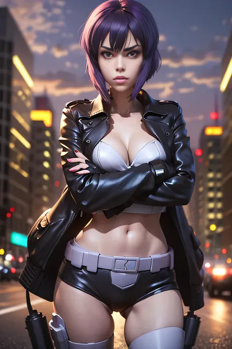 motoko kusanagi,  estilo anime beautiful woman, thin, skinny, medium breasts, Thin waist, (masterpiece, best quality:1.2), cowboy shot, only, 1 female, No expression, closed mouth, looking at the viewer, crossed arms, Jacket, Leotardo, thigh jump, gloves, ...