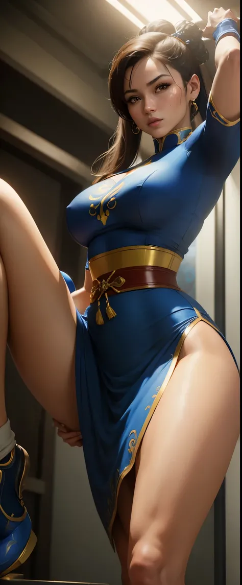 mulher arrafada de vestido azul posando em um banquinho com as pernas cruzadas, Chun-Li, portrait of chun-li, chun-li, chun-li, Chun-Li at the gym, portrait of Chun-Li, glamorosa Jill Valentine, renderizado em 4k, highly detailed soft lighting, inspirado e...