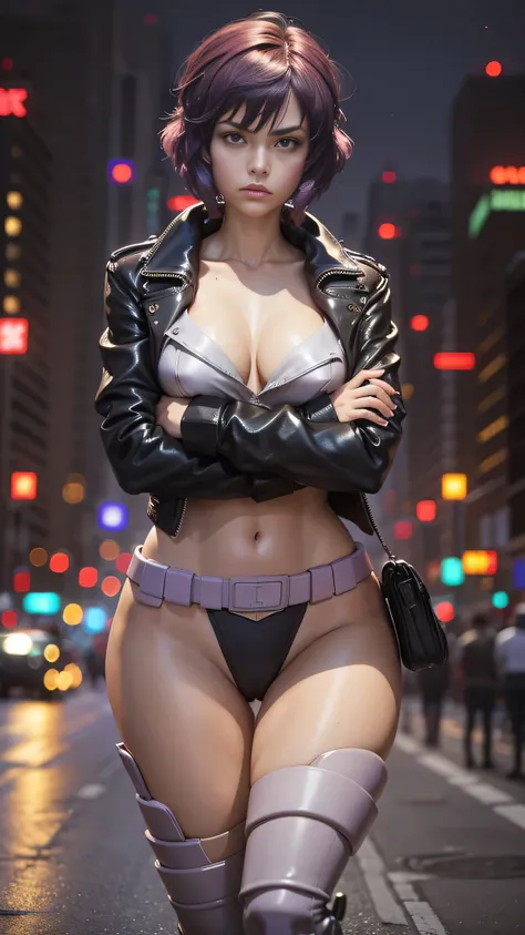 motoko kusanagi,  estilo anime beautiful woman, thin, skinny, medium breasts, Thin waist, (masterpiece, best quality:1.2), cowboy shot, only, 1 female, No expression, closed mouth, looking at the viewer, crossed arms, Jacket, Leotardo, thigh jump, gloves, ...