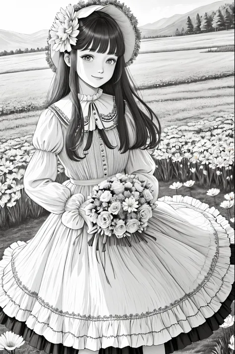 masterpiece, best quality, 1girl, solo, long_hair, looking_at_viewer, smile, bangs, skirt, shirt, long_sleeves, hat, dress, bow, holding, closed_mouth, flower, frills, hair_flower, petals, bouquet, holding_flower, center_frills, bonnet, holding_bouquet, fl...