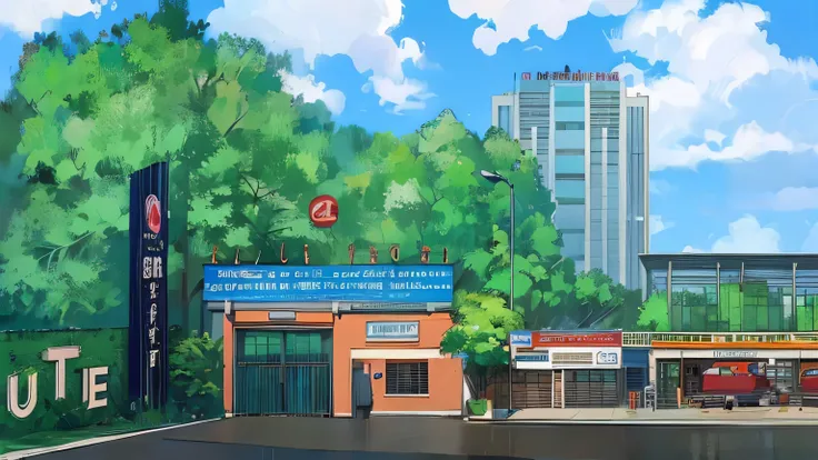 scene of&#39;anime d&#39;a building avec un panneau et un arbre, par Thomas Dalziel, mise au point nette illustration QG, digitally painted, image de fond, illustration de mise au point nette, image historique, Dessin de fan, full view, cartoon, high schoo...