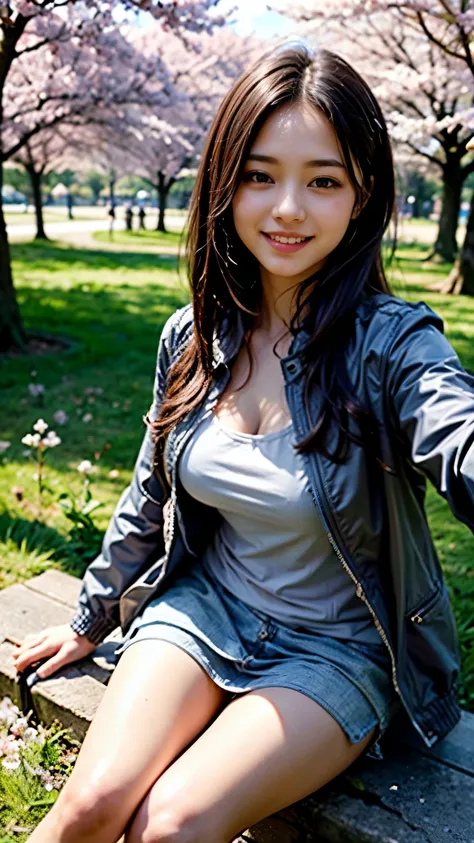 (Selfie of a girl wearing a spring jacket and a spring shirt:1.5), (8K, Raw photo, 最high quality, masterpiece), (realistic, photo-realistic), Super detailed, high quality, professional lighting, Physically based rendering photo of an 18 year old female, (2...