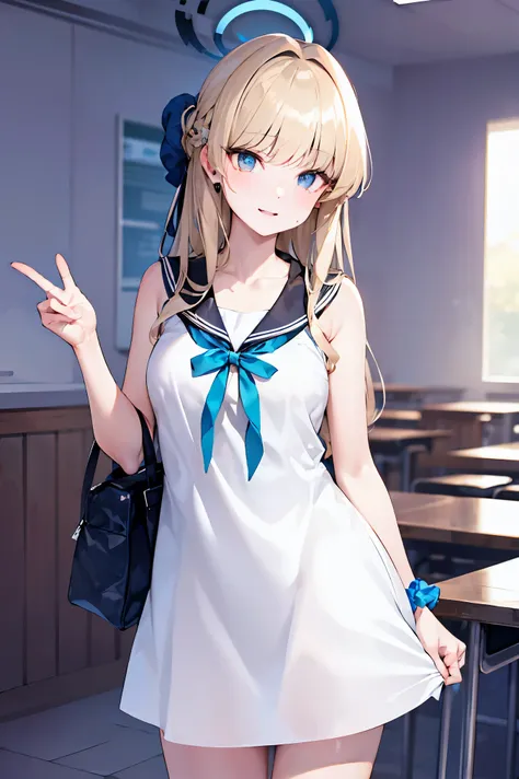 solo, (toki_bluearchive:1.10), 
BREAK (serafuku, bare shoulders, dress, sleeveless, collarbone, bag, handbag, scrunchie, sleeveless dress:1.2)
BREAK  cowboy shot, light smile, arm behind back,
BREAK class room,
BREAK (masterpiece:1.2), best quality, high r...