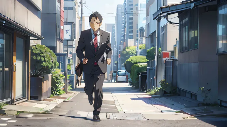 Japan in a suit((male))Office worker in the morning、Residential area、Running while crying and holding a bag in one hand、((from the front))、Accurate male face