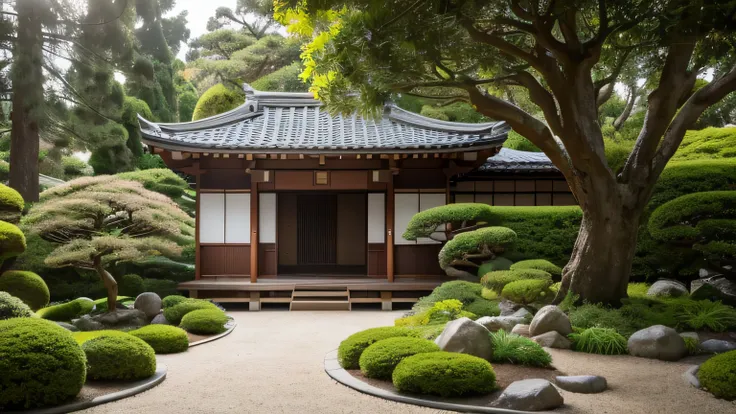 exterior, japanese garden style, huge garden:1.3, (podocarpus macrophyllus), small white pebbles, grasss, combining plants,combi...