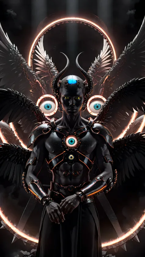 no face and faceless male succubus warrior wearing neon mecha armor, mystical creature with hundreds of eyes and wings, with the...