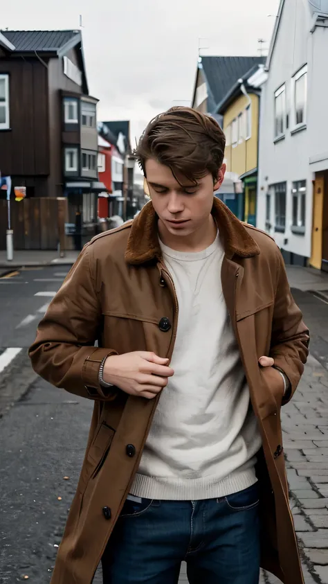 a white 20 years old man with brown hair wearing a brown coat and jean thinking in the street, man is scratching his head, icelandic background