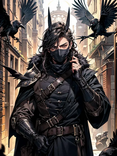 1 homem, (homem, masculino), (porte musculoso), (hipertrofia), (compressed muscles), cabelo preto, (corte de cabelo masculino), manto com capuz, roupas escuras, visual de assassino medieval, ((Plague mask, crow beak mask)), skull mask covering the lower ha...