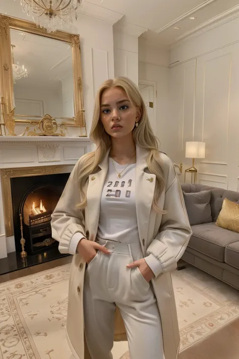 London, 2023. A young ((((20-year-old)) Michelle)), in the living room of a luxurious mansion, ((angry, furious expression)), ((((posh clothings from the 2020s)))), ((ashy blonde hairstyle of the 2020s))