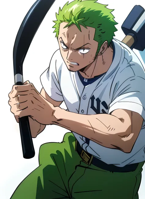 roronoa zoro, handsome face, cool face, badass face, baseball player,sportswear, short green hair, head to waist view, playing baseball, intense baseball match, ((standing still)), ((focused)),((ready to hit the ball)), ((holding a baseball bat)), ((sharp ...