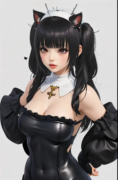 ,((long hair slightly wavy slightly past the shoulders, black bangs, small black pigtails on the sides, cute cat ears, beautiful...