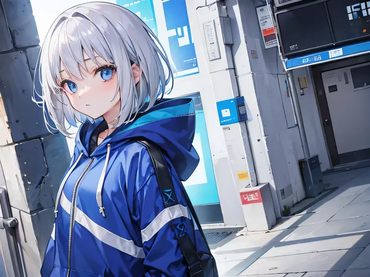 girl,silver hair,bob,blue eyes,front,hoodie