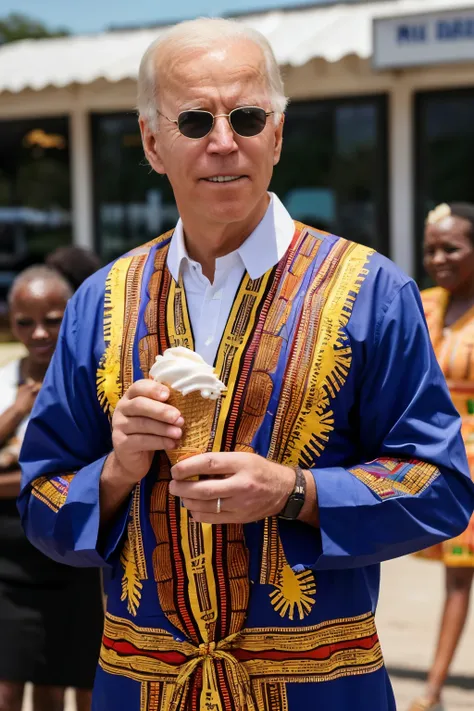 Joe Biden dressed in traditional African clothing dashiki and holding a vanilla ice cream cone.