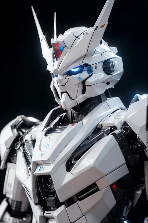 Years on_gundam, Solo, Blue_Eyes, Holding, arma, Holding_arma, No_Humanity, Glowing, robot, Mecha, Science_fiction, Open_hand, v-fin, Cinematic lighting,Strong contrast,High level of detail,Best quality,Masterpiece,White background,full body:1.5