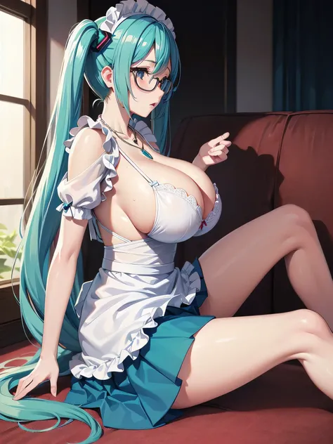 Hatsune Miku、round glasses、gem、maid、opaque glasses、necklace、frills、long skirt、apron、Crosaid headdress、crossnecklace、puffy short sleeve、one girl、solo、Expression of feeling、blush、sit with your legs apart、clothes get wet、Clothes are transparent、spread legs、pu...