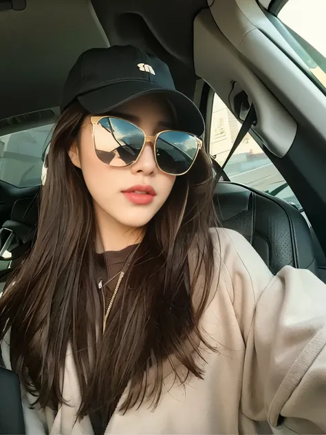 there is a woman wearing sunglasses and a hat in a car, with sunglass, ulzzang, wearing sunglasses and a cap, with sunglasses, wearing sunglasses and a hat, jisoo from blackpink, blackpink jennie, dilraba dilmurat, xintong chen, korean girl, jisoo of black...