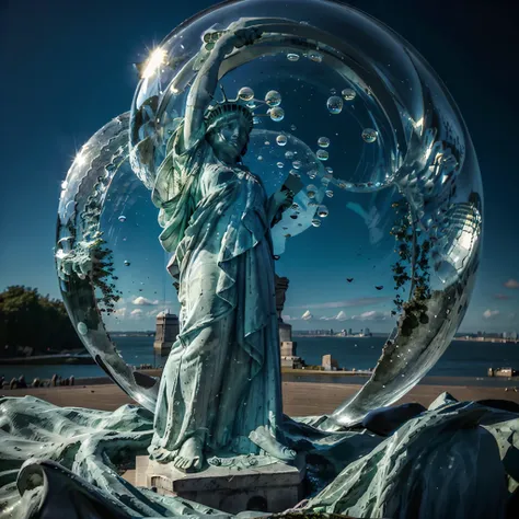 bubblerealm, lady-liberty, liberty statue in a bubble. statue of liberty is bent to cry, ((crying statue)), masterpiece, top-qua...