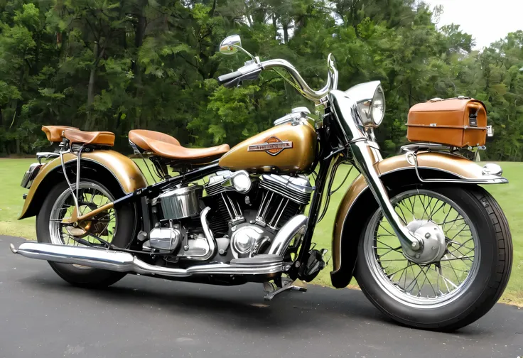 a 1950s Harley-Davidson Flathead cruising motorcycle, golden-brown fenders and tank, chromed engine, transmission, etc...