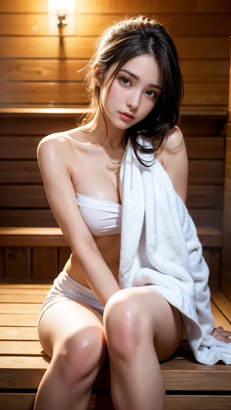 Sexiest towel wrap, she is wraping towel after shower, different model pose, attractive body, professional photography, perfect face, detailed eyes, closeup look, in sauna bath, sitting, seductive looks