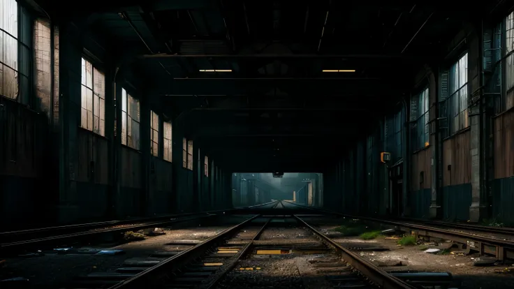  tech noir, masterpiece, best quality, 8k wallpaper, super detailed, 
 low saturated colors, Simple and neat design, Dark and moody atmosphere, breathtakingly beautiful, 
 subtle accent light, background only, 
Abandoned factory, The railway line that runs...