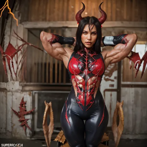 (carnage:1.5), (beautiful female model:1.5), (demoness with large horns:1.25), (1 super muscular succubus with flayed skin:1.5),...