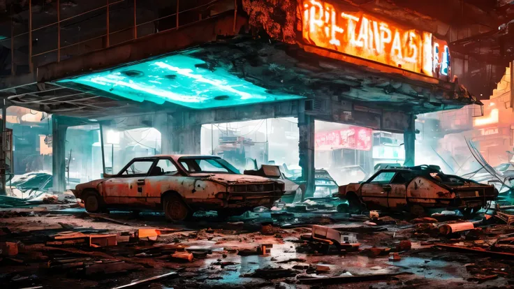 post-apocalyptic world，look up, exterior,dilapidated independent building, technology elements, neon light on the wall, panorami...