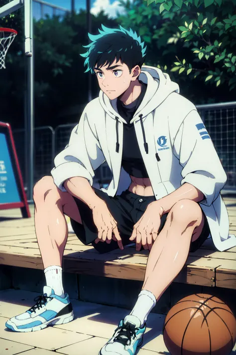 muscle，chest muscles，abdominal muscles，Wearing blue and white headphones，Light-colored sports shorts，White high-top basketball shoes，white socks，light coat，Sit down and rest，playground，short hair，One meter eight，male，robust，Sitting on the ground with legs ...