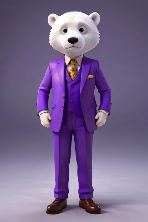 polar bear wearing fancy purple suit 