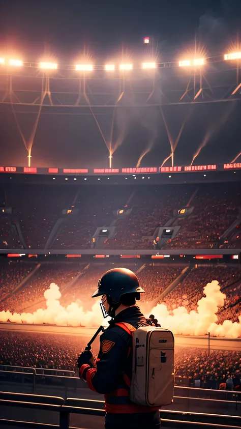 riots in the stadium, burning, smoke, night sky, 8k