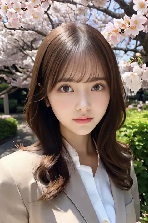 (masterpiece、High resolution、High resolution、超High resolution、Beautifully、16K、perfect lighting、Sunlight）1 female（25 years old、brown hair、long hair、curls、clear eyes、thick lips、Slim、thin and long、OL、suit）garden、Cherry blossoms、Cherry blossoms並木