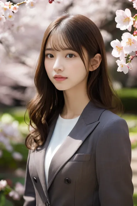 (masterpiece、High resolution、High resolution、超High resolution、Beautifully、16K、perfect lighting、Sunlight）1 female（25 years old、brown hair、long hair、curls、clear eyes、thick lips、Slim、thin and long、OL、suit）garden、Cherry blossoms、Cherry blossoms並木