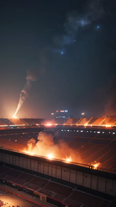 riots in the stadium, burning, smoke, night sky, 8k