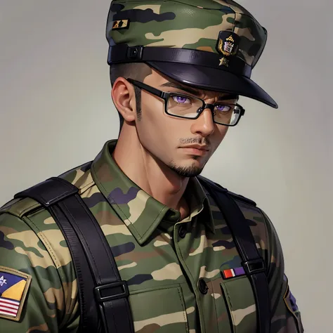 Camo uniform, camo hat, purple eyes, man, male, guy, tall, big, army uniform, rifle, portrait, glasses, serious, military, muscle, black, black skin, bald, brown skin, young adult