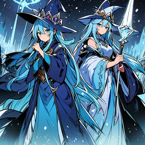 A young female magician, Wearing a mage hat, Wearing a blue mage robe, Holding a scepter in both hands, Frost spell surrounds the whole body, The surrounding environment is snow and blizzard, Medium shot composition, Characters and scenes, game concept art...