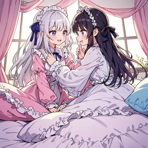 Happy girls fighting with pillows at pajama party。Many small feathers fluttering、Lolita style fashion with long sleeves and a long skirt nightgown with frills and ribbons。On a huge, wide canopy bed、Lots of frilly pillows and a frilly bed skirt、There are fr...