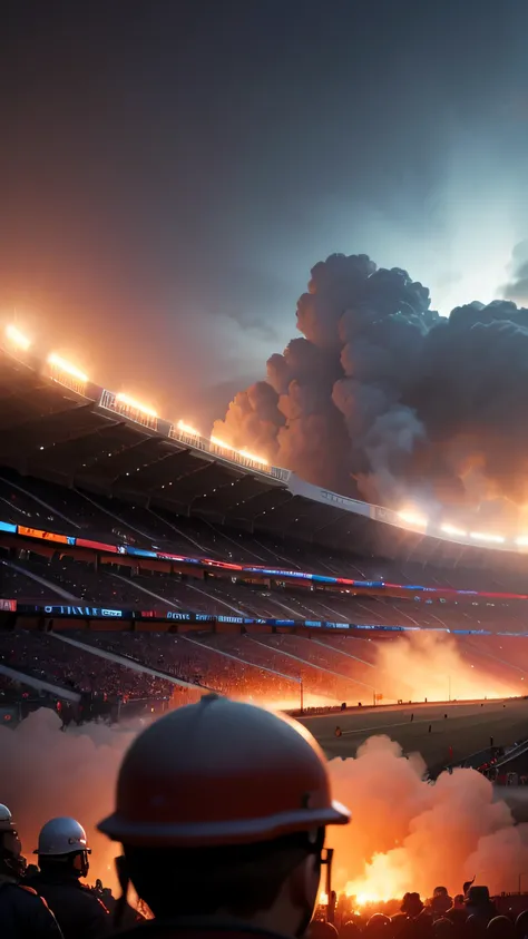 riots in the stadium, burning, smoke, night sky, 8k