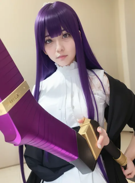 Purple haired girl holding a purple and gold sword, Shalltear from Overlord, Ace Attorney Maya Fey, Photographed with Canon EOS R6, cosplay photo, anime cosplay, juri misaki, anime girl cosplay, misato katsuragi, professional cosplay, fateful anime style/P...